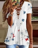 ladies v neck casual short sleeve woman cloth fashion floral print contrast lace top t shirts summer 2022