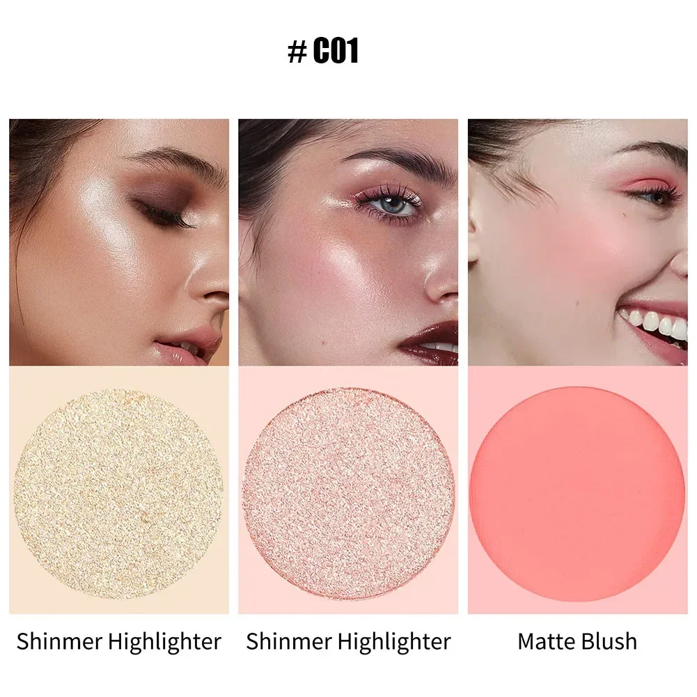 z różem i rozświetlaczem 3 w 1 paleta prasowanego proszku do makijażu Shimmer Bronzer pomarańczowo-różowy matowy róż policzków Glow Face