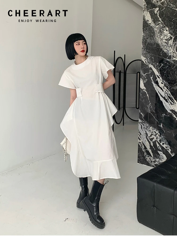 

CHEERART летние платья с коротким рукавом для женщин 2022 белые туники длинное асимметричное платье дизайнерская модная одежда