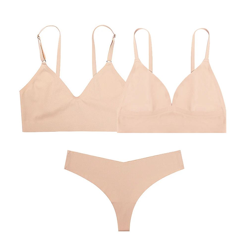 

Women's One Piece Seamless Lingerie Set Deep V Bra Vest Bra Breathable Ice Silk Underwear Set 3Bras+Thongs 3 Pieces/Set CYHWR