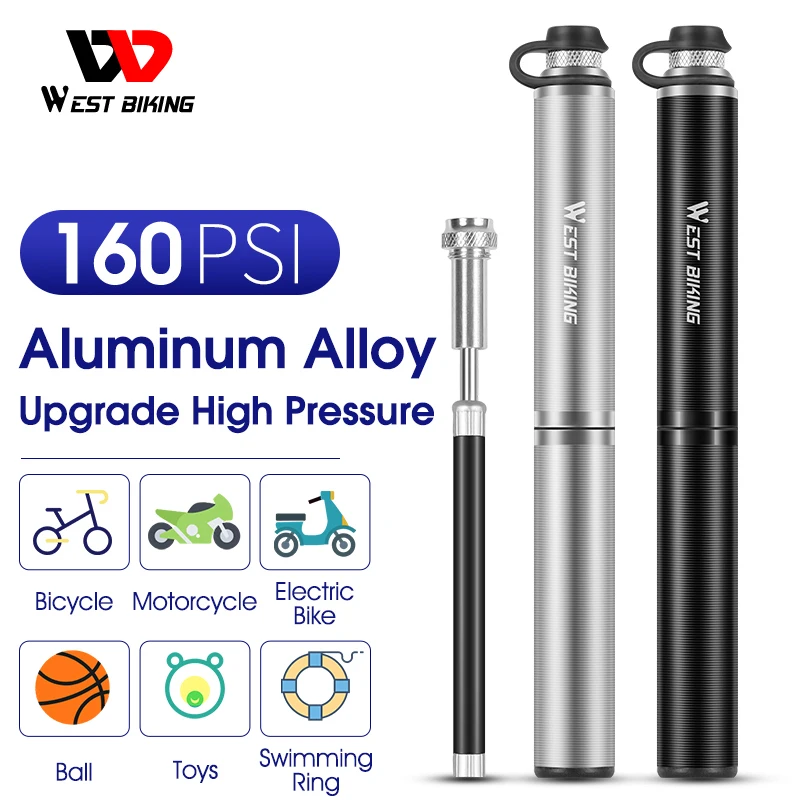 WEST BIKING Portable Bike Pump 160PSI Aluminum Alloy Cycling Air Pump Bicycle Ball Tire Inflator Schrader Presta Valve Mini Pump