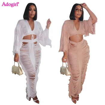 Adogirl Hollow Out Tassel Knitted 2 Piece Set Summer Beach Dress Suits Women V Neck Long Sleeve Crop Tops Maxi Skirts Outfits 1