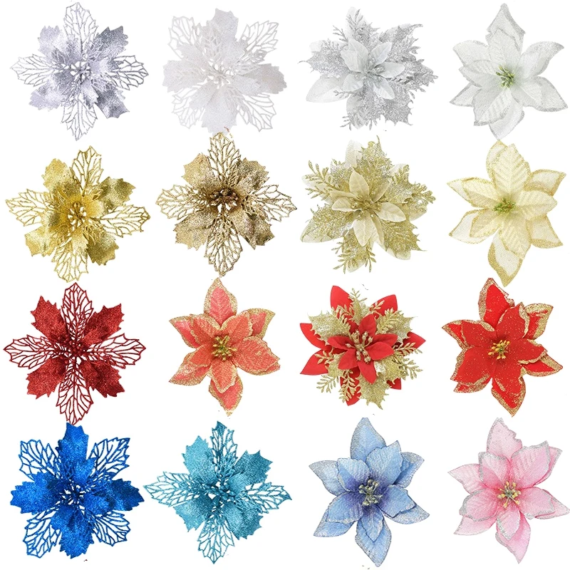 5Pcs/lot Glitter Artificial Flowers For Christmas Tree Decoration Poinsettia Christmas Ornaments Home Wedding Xmas Party Decor