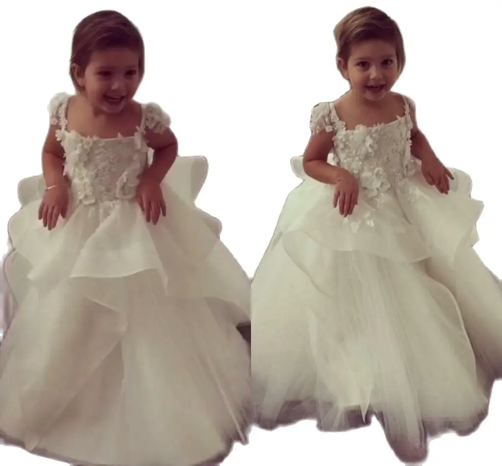 

Flower Girls Dresses Sequins Hand Made Flower Sash Tea Length Tulle Jewel Kids Formal Dress Junior Bridesmaid Dress