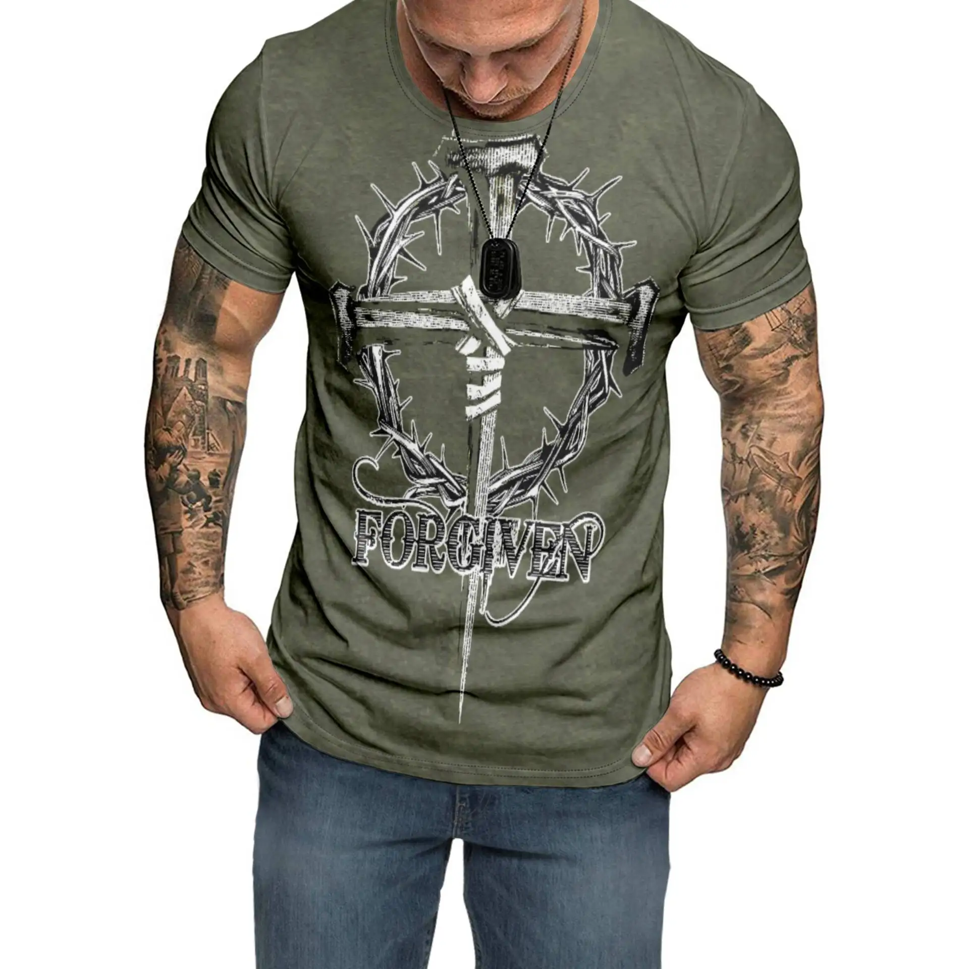 

Casual Short Sleeve MensT-Shirt for Men with 3D Retro Print and Skull Pattern