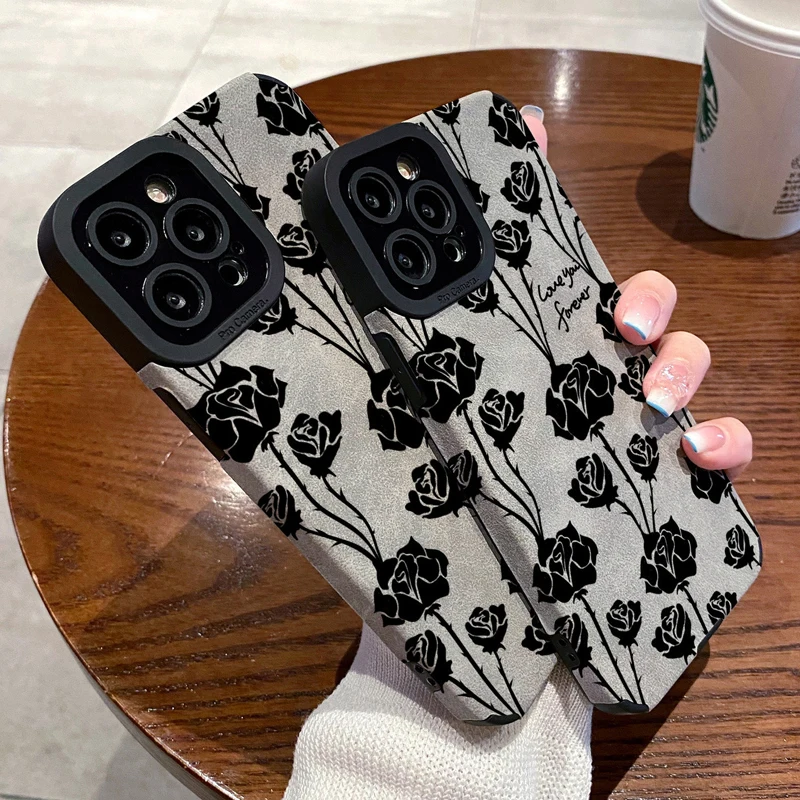 

Fashion Sheepskin Retro Rose Pattern Phone Case For iPhone 11 12 13 14 Pro Max 14Plus 7 8 Plus X XS Max XR Leather Back Cover