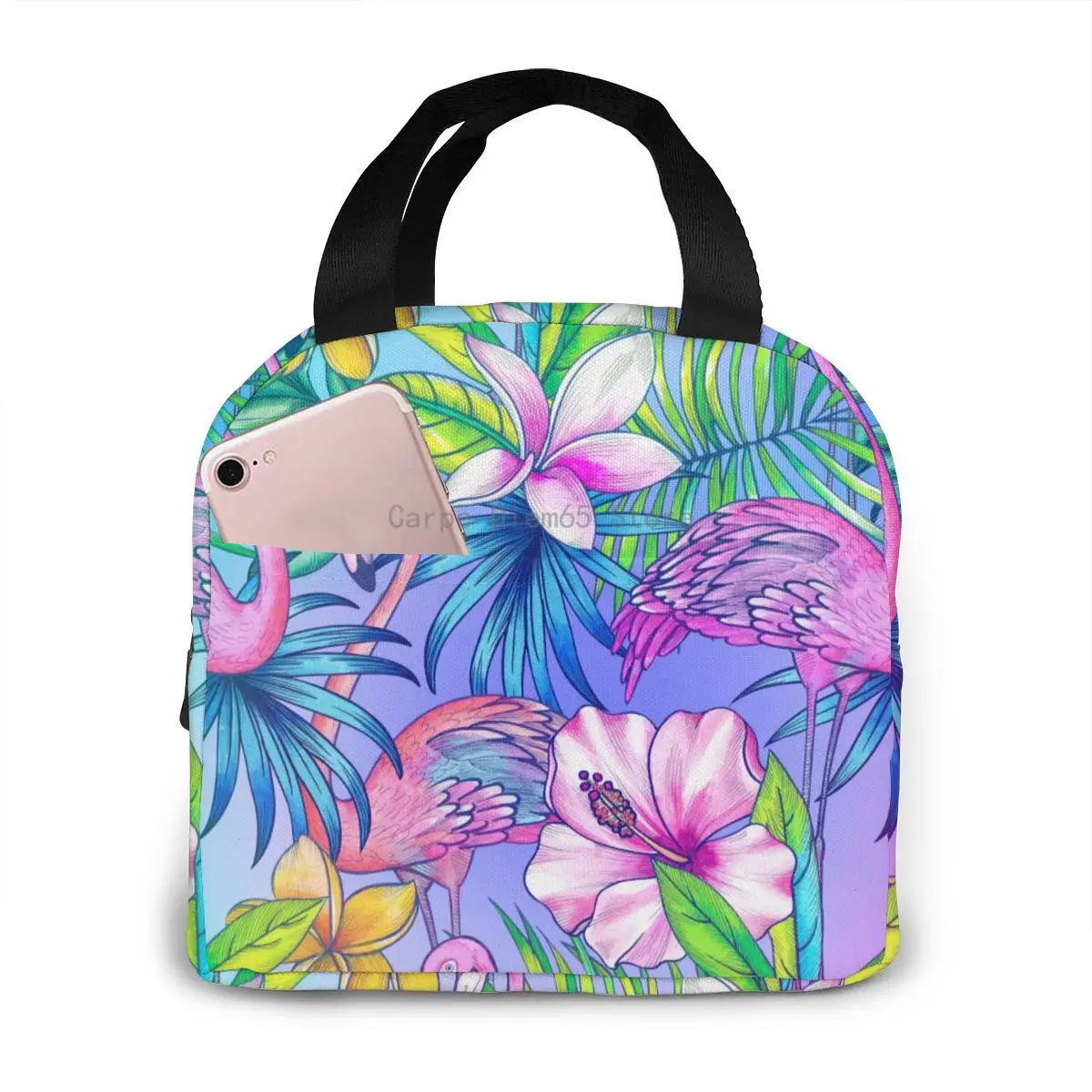 

Neon Tropical Botanical Flamingos And Palms Cooler Bag Portable Zipper Thermal Lunch Bag Convenient Lunch Box Tote Food Bag