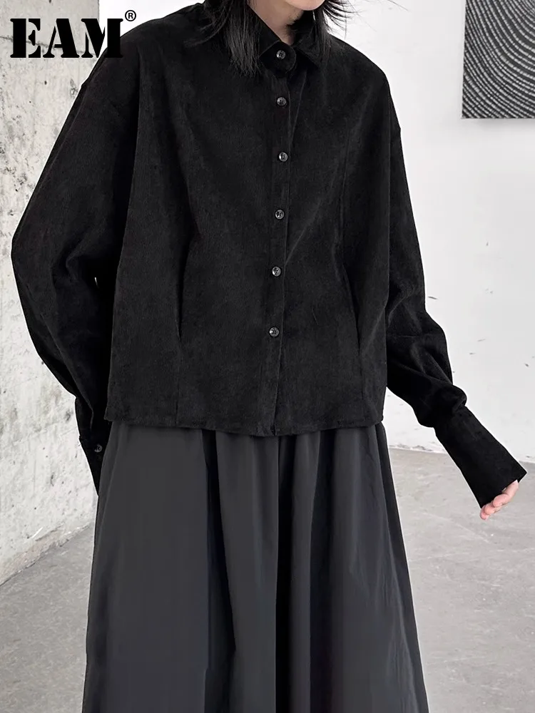

[EAM] Women Black Thick Corduroy Big Size Blouse New Lapel Long Sleeve Loose Fit Shirt Fashion Tide Spring Autumn 2023 1DH2450