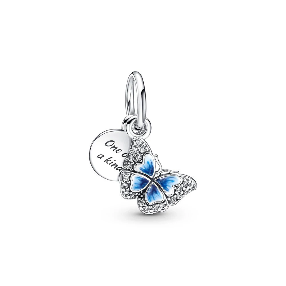 Pandora Blue Butterfly and Quote Double Dangle Charm, Spring Story Series, beaux bijoux romantiques pour femmes, cadeau exécutif