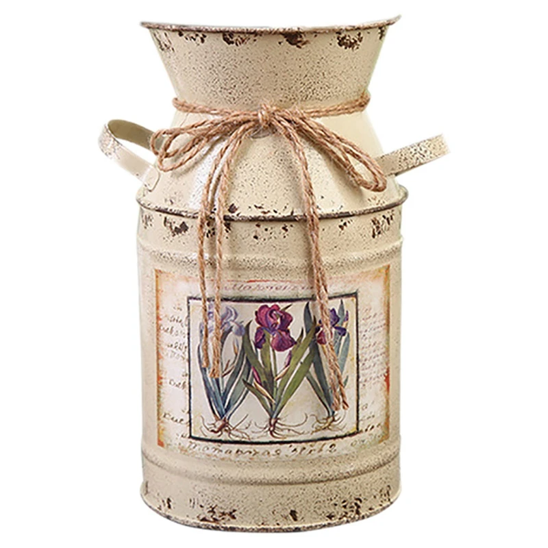 

2X Shabby Table Gift Arrangement Craft Home Decoration Vintage Pots Iron Bucket Wedding Flower Vase Rural Style -Beige