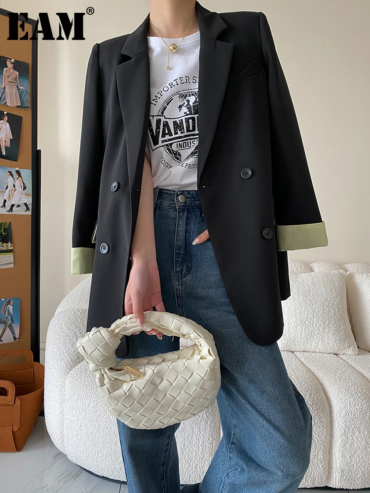 

[EAM] Women Black Color-block Elegant Blazer New Lapel Long Sleeve Loose Fit Jacket Fashion Tide Spring Autumn 2023 1DF5608