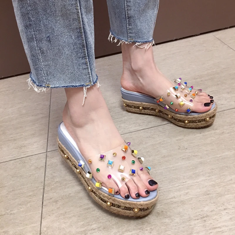 

7cm Wedges Platform Heels Slippers Multicolor Rivet Wedge Sandals Leisure Grass Weave Beach Slippers Clear Summer Shoes Blue