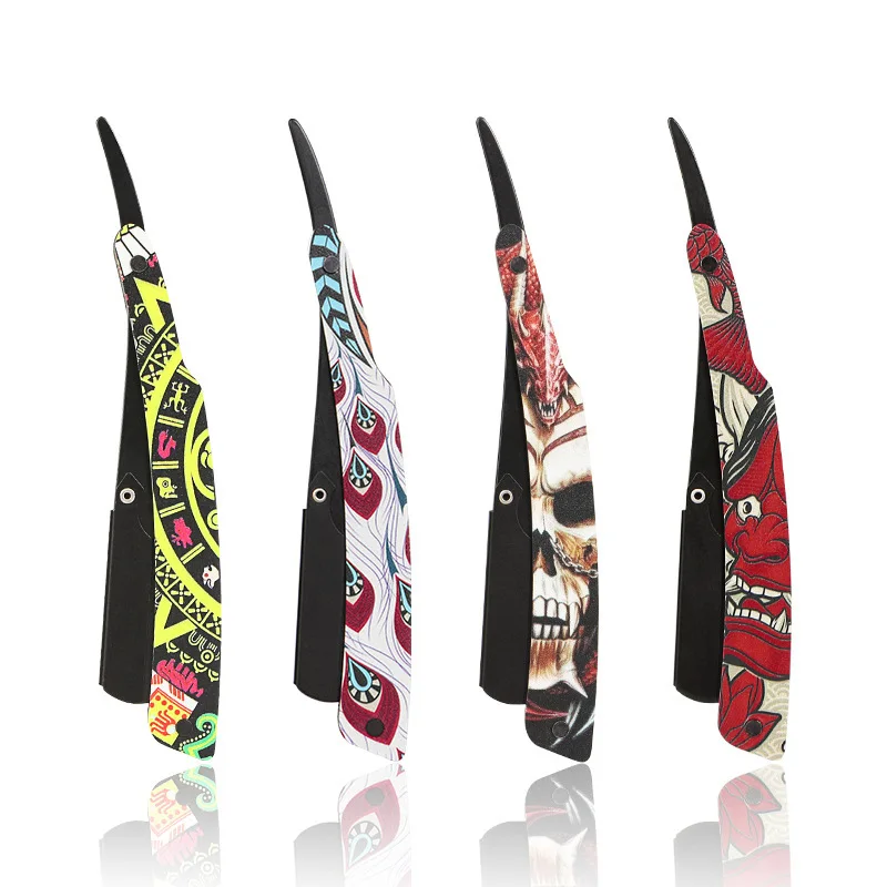 Stainless Steel Straight Edge Razor Personalized Graffiti Men's Gift Manual Folding Haircut Beard Knife Y0610