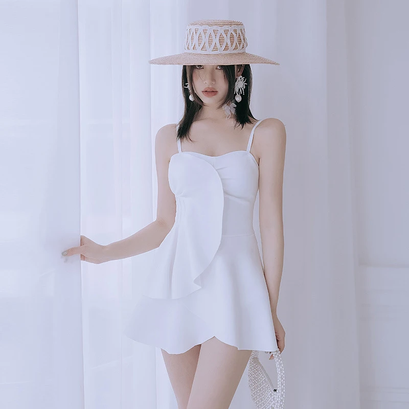 

Swimwear For Women Swimsuit Push Up 2022 One Piece Ladies New Sexy Backless Ruffled White Skirt Suit Female Solid Nylon 1