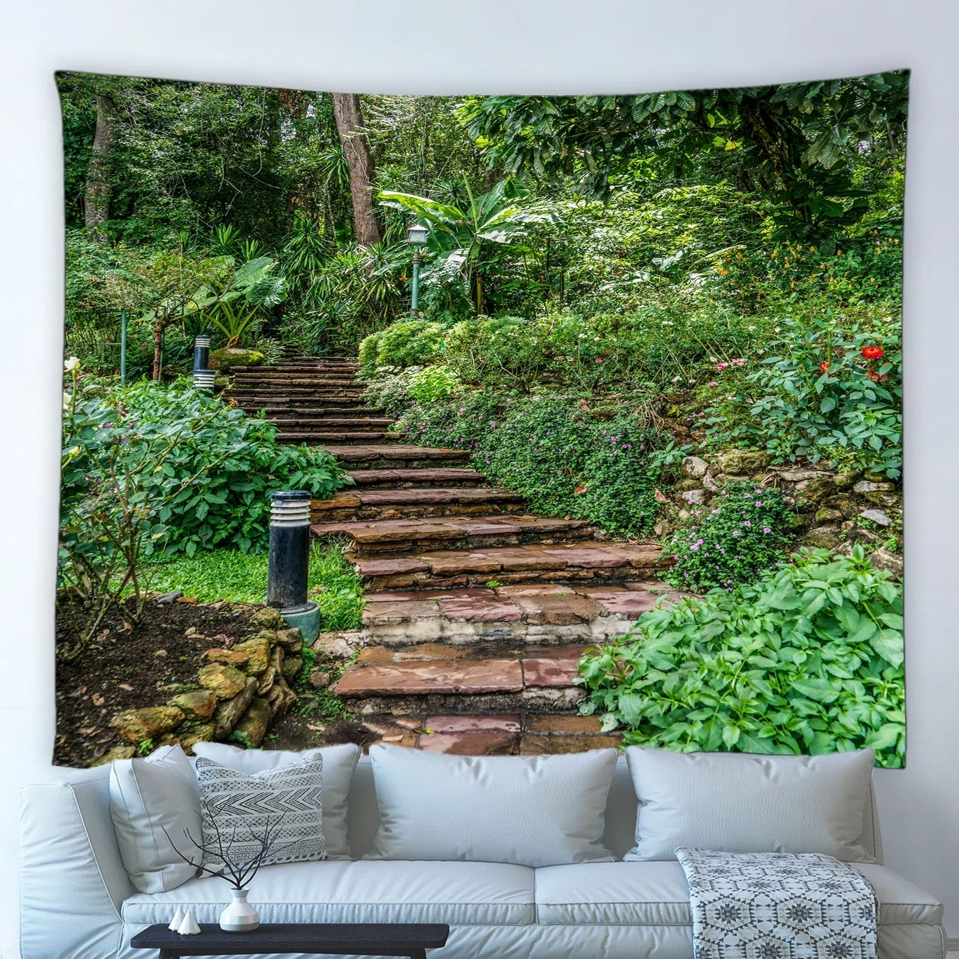 Весенний садовый пейзаж гобелен озеро лес зеленые растения цветы деревянная