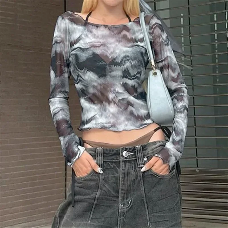 2024 Новые топы с длинными рукавами и принтом в стиле ретро Dark Cyber Techwear Y2K Grunge Mesh See