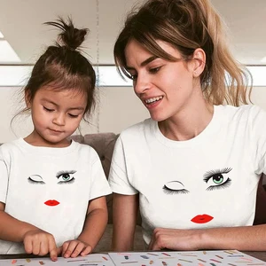 Yeskuni Mother Kids Summer Family Matching Clothes Home Casual Funny Face Print Harajuku T Shirt Women Fashion T-shirt for Girls
