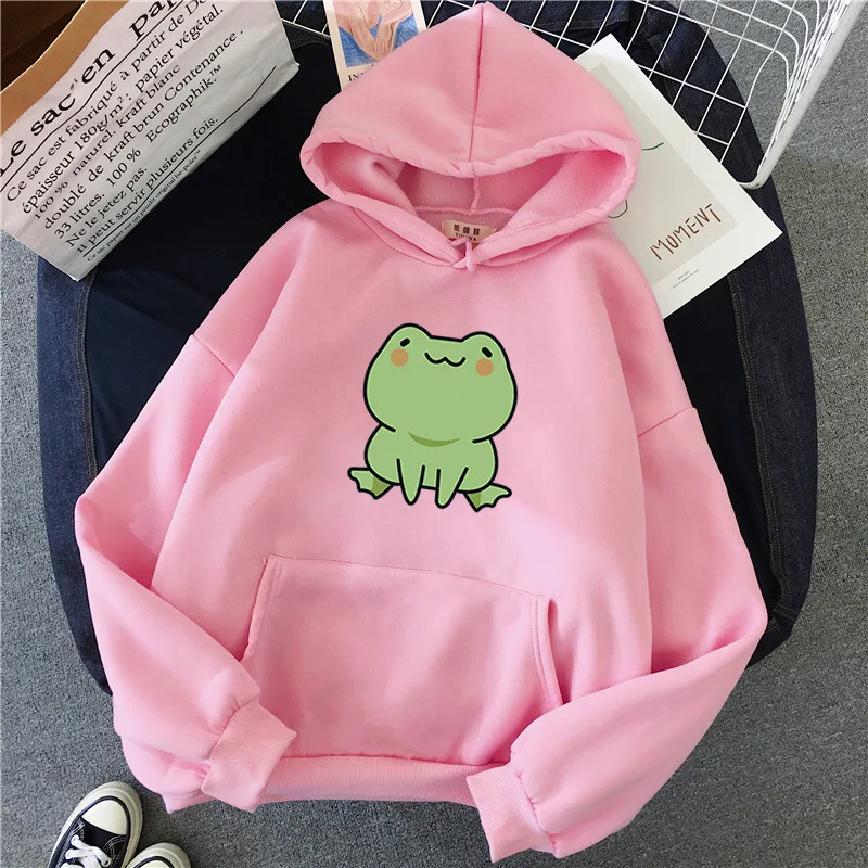 

Simple Little Frog Print Hoodies Sweatshirts Kawaii Girl Loose Casual Pullover 2023 Women Harajuku Cute Fleece Hooden Streetwear