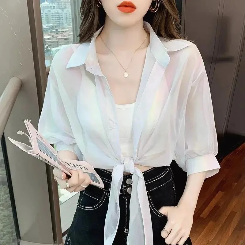 Женский солнцезащитный кардиган с воротником-поло тонкая модная Корейская