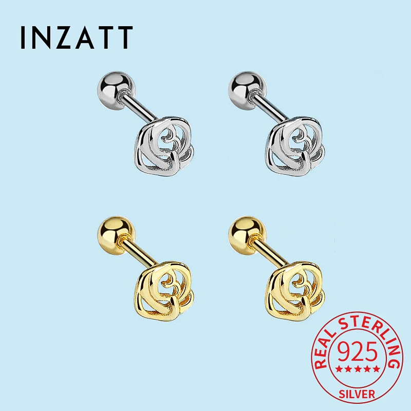 

INZATT Real 925 Sterling Silver Hollow Rose Flower Bead Thread Stud Earrings For Women Cute Fine Jewelry Minimalist Accessories