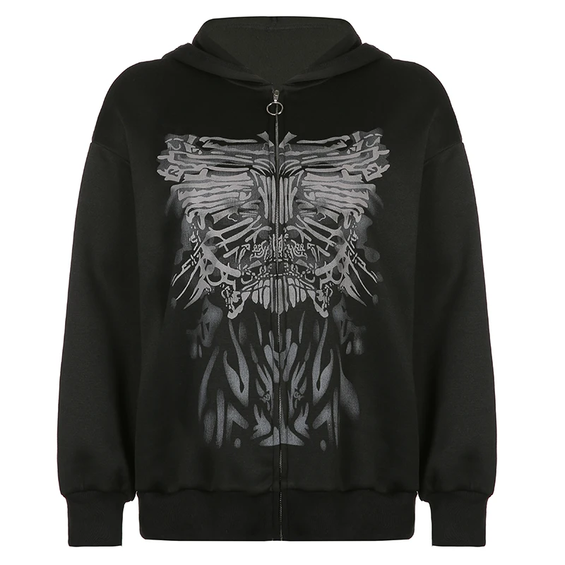 

Unisex Style Dark Printed Zipper Hooded Sweater Women's All-Matching Loose Casual Coat