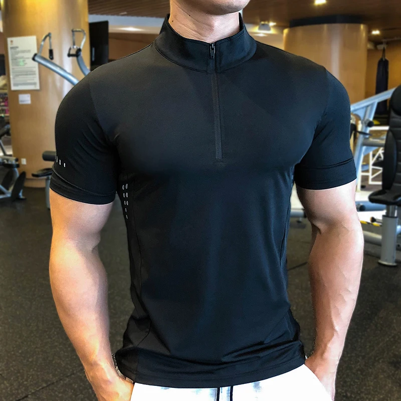 

Men Sports T-shirts Fitness Short Sleeve Shirts Running Tops with Zipper Training Skinny T Shirt 2023 Summer Gym Clothing Man