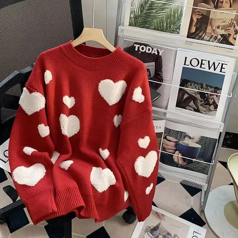 

Vintage Harajuku Heart Knitted Sweater Women Autumn Korean Style O Neck Pullover Female Casual Oversize Tops Street Loose Jumper