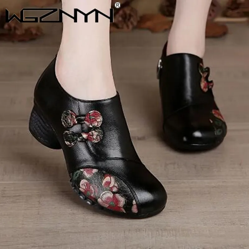 

Retro Flower Print Boho Shoes on Heels Red Woman Pumps Genuine PU Leather Women's Medium Heels Designer Ladies Pumps Women Shoe