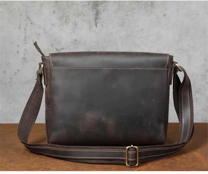 Retro fashion luxury crazy horse leather men's square shoulder bag outdoor daily work youth real cowhide big messenger bag