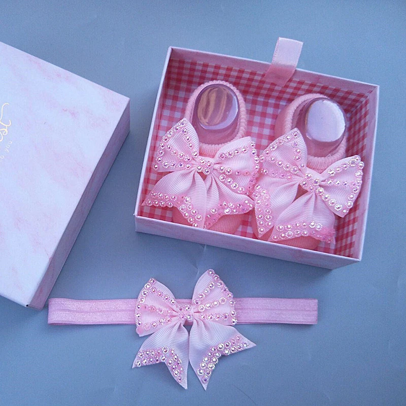 

2Pcs Baby Girls Headband Socks Set Pink Big Bow Sequins Newborn Hairband Sox Infant Toddler Bowknots Sock Headbands Sets Gifts