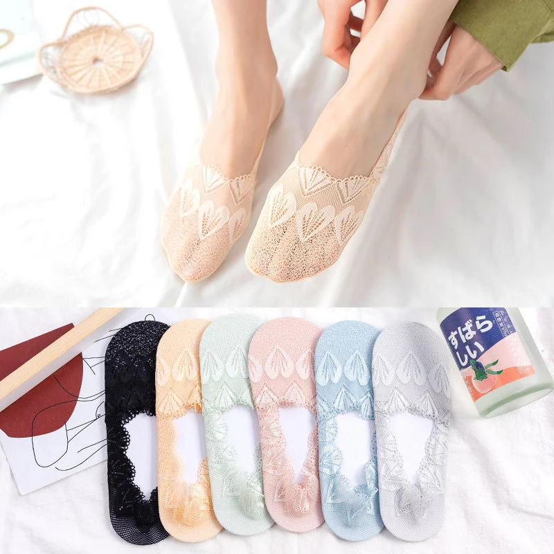 

Women Lace Socks Invisible summer Anti-Slip Cute Heart Printed Ankle Sexy Transparent Cotton Socks Fashion Socks