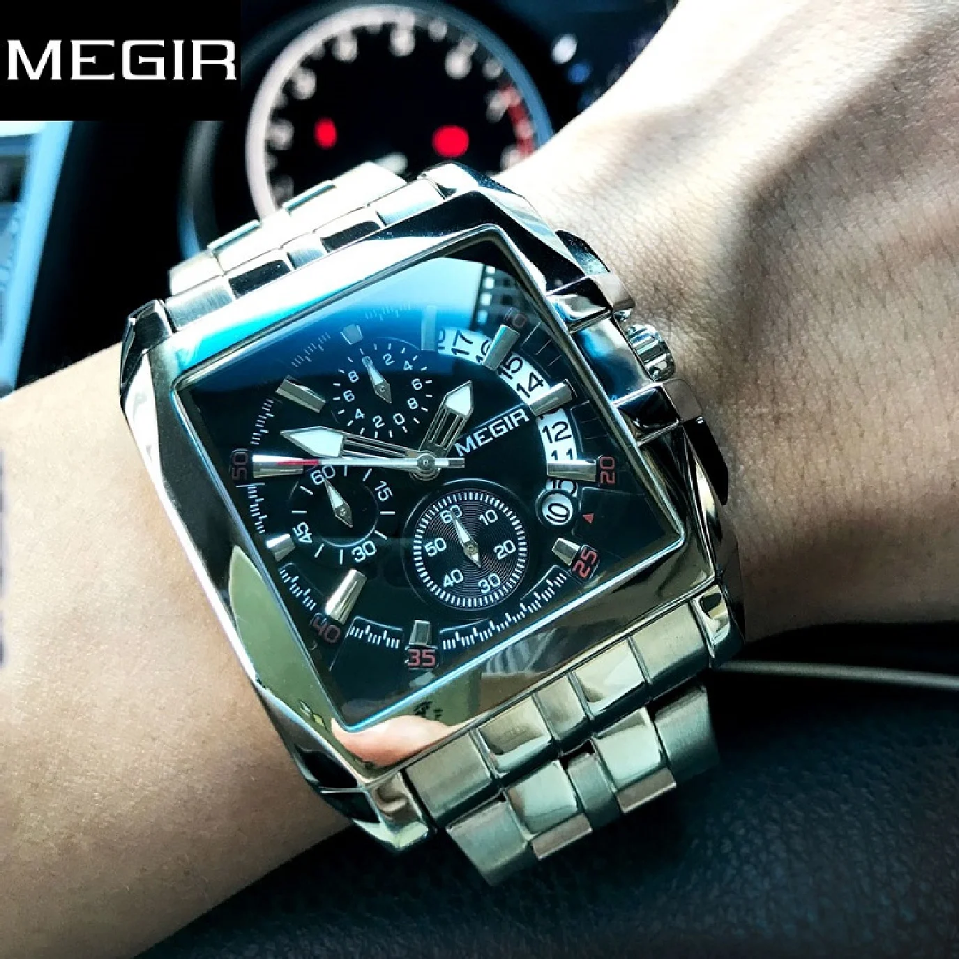 

MEGIR Original Luxury Male Stainless Steel Mens Rectangle Quartz Chronograph WristWatch Business New Big Dial Relogio Masculino