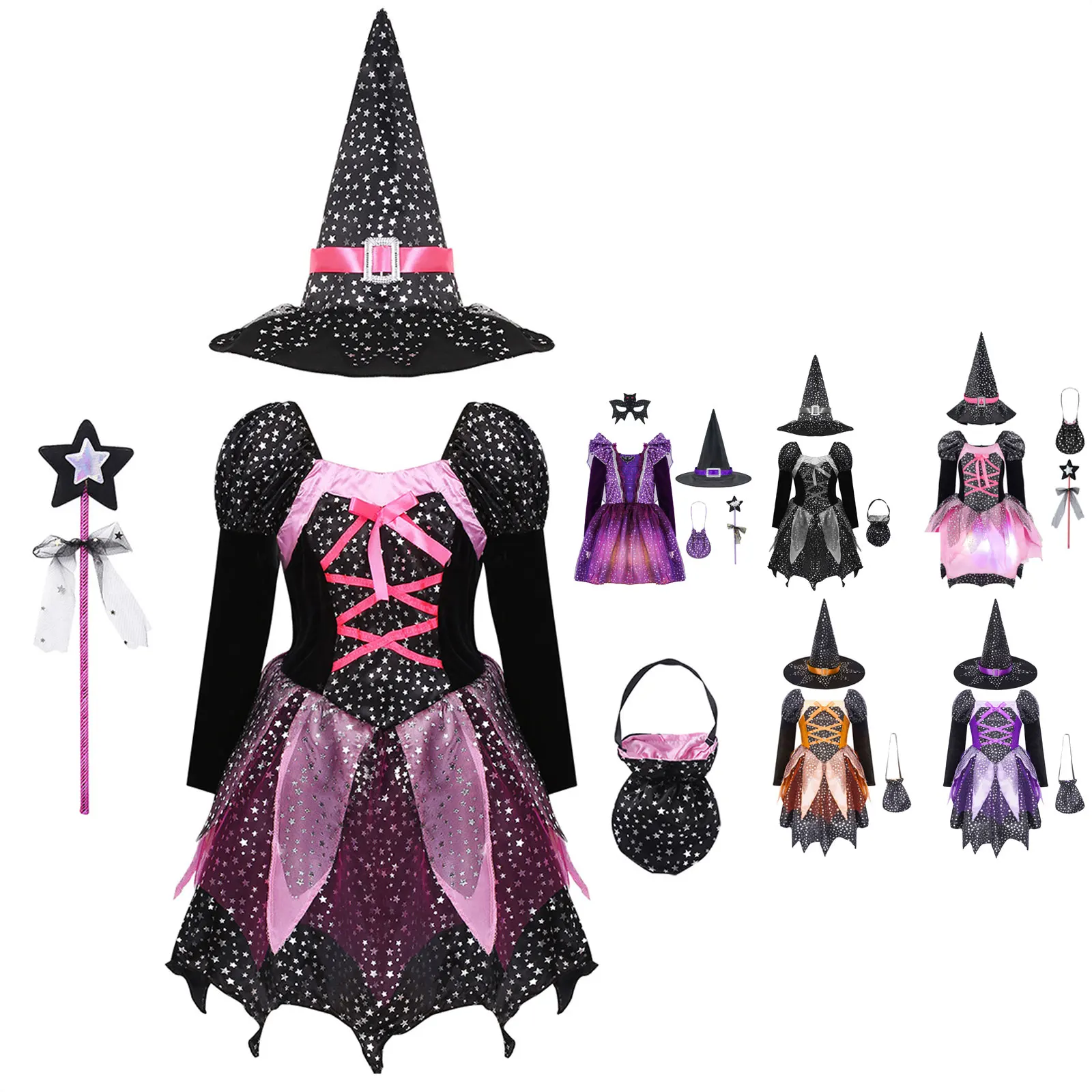 

4pc Kid Girls Halloween Witch Costume Sparkly Silver Stars Printed Carnival Cosplay Dress with Pointed Hat Wand Dress Up Clothes