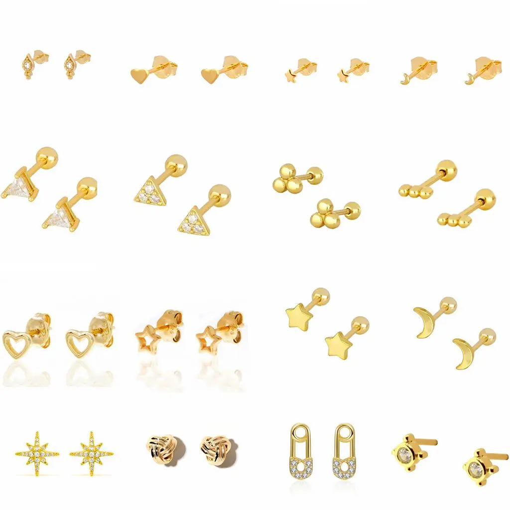 

925 Silver Needle Minimalism Variety tiny Stud Earring for Women Moon Star Geometric Triangle Piercings Earring 2022 INS Jewelry