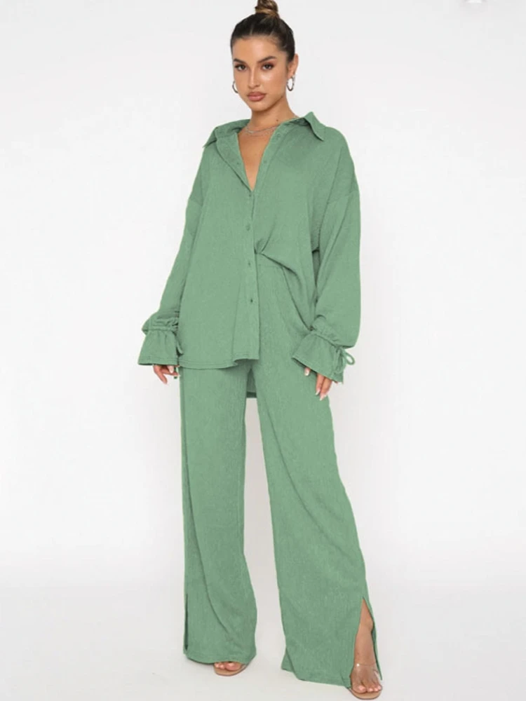 

2 Pieces Women's Sets 2022 Autumn Winter Solid Color Blouse Shirt Suit Tops And Pants Suits Two Piece Set Tracksuit Outfit