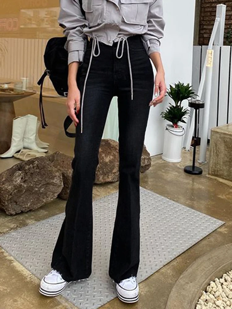 

Retro Street Style Micro Horn High Waist Thin Meat Covered Jeans Jumpsuits Women's 2022 Autumn Winter Fashion Black New Trousers