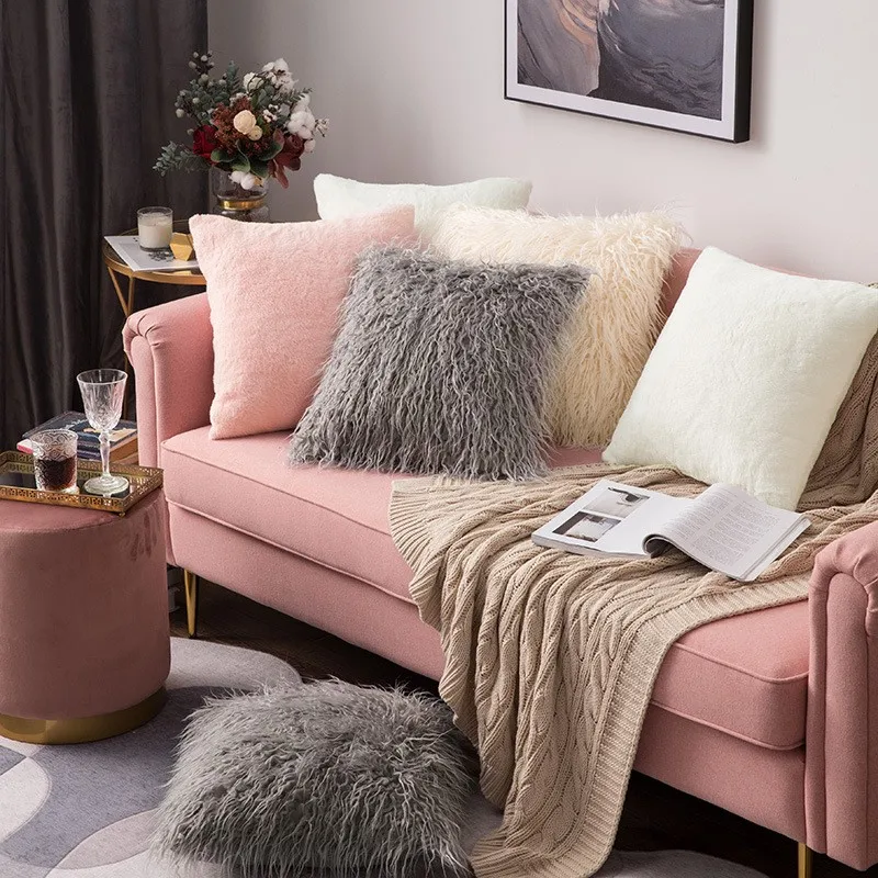 

Plush Grey Powder Christmas Cute Pillow Cover 45x45cm Rabbit Shaggy Fluffy Pillowcase For Living Room Sofa Home Decoration