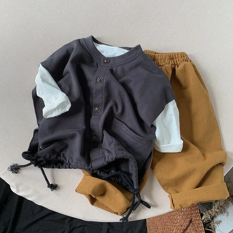 

Autumn New Kid Girl Retro Solid Vest Boy Baby Cardigan Sleeveles Casual Tops Coat Children Cotton All-match Fashion Waistcoat