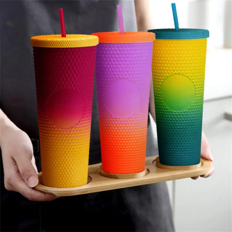 

Summer Cold Water Cup 710ml Tumbler With Straw Double Layer Coffee Cup Summer Holiday Cold Water Mug Plastic Durian Coffee Mug