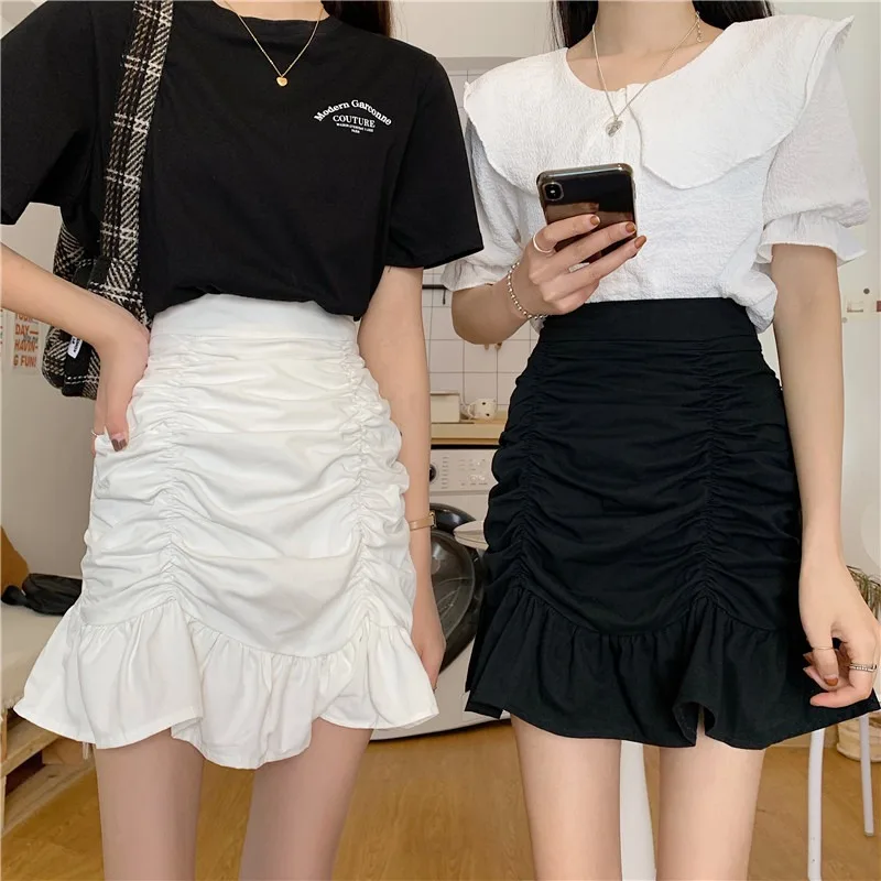 

2022 Summer Women's Pleated Skirt Korean Version New Zipper High Waist Fashion A Line Ruffle Mermaid Mini Skirt Black White