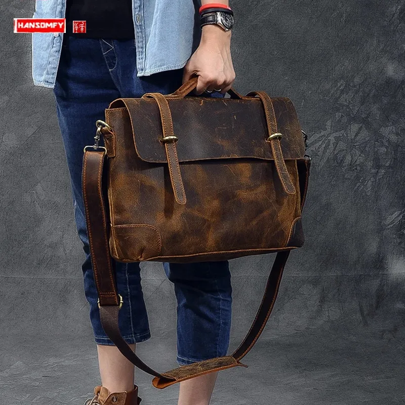 Retro Genuine Leather Men Handbag Male 14 inch Laptop Bag Business Briefcase Shoulder Messenger Bags Crazy Horse Leather Bag