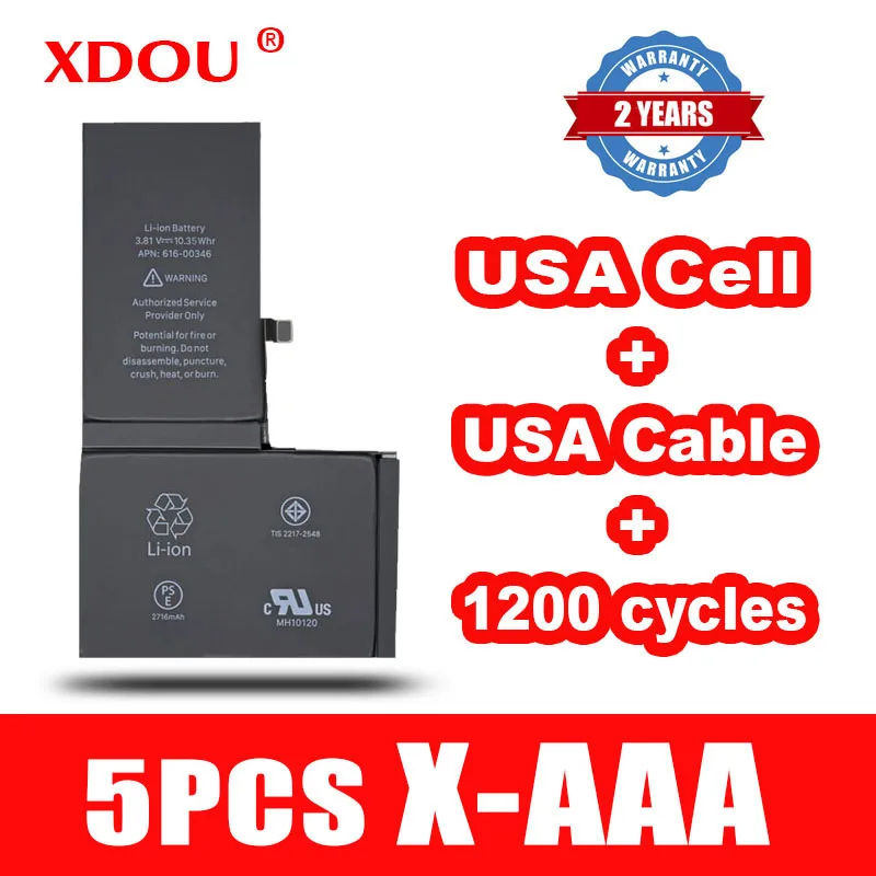 

5pcs XDOU Battery For IPhone X 2716mAh Replacement Repair USA Cell Cable 1200 Times Cycles For Apple IPhoneX 2023 AAADIANCHI