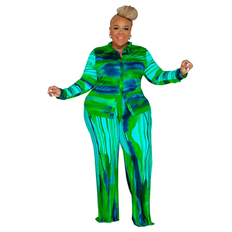 Plus Size Women Clothing Two Piece Sets Outfits Fashion Printing Long Sleeve Top and Wide Leg Pant Sui 3xl 4xl 5xl 6xl