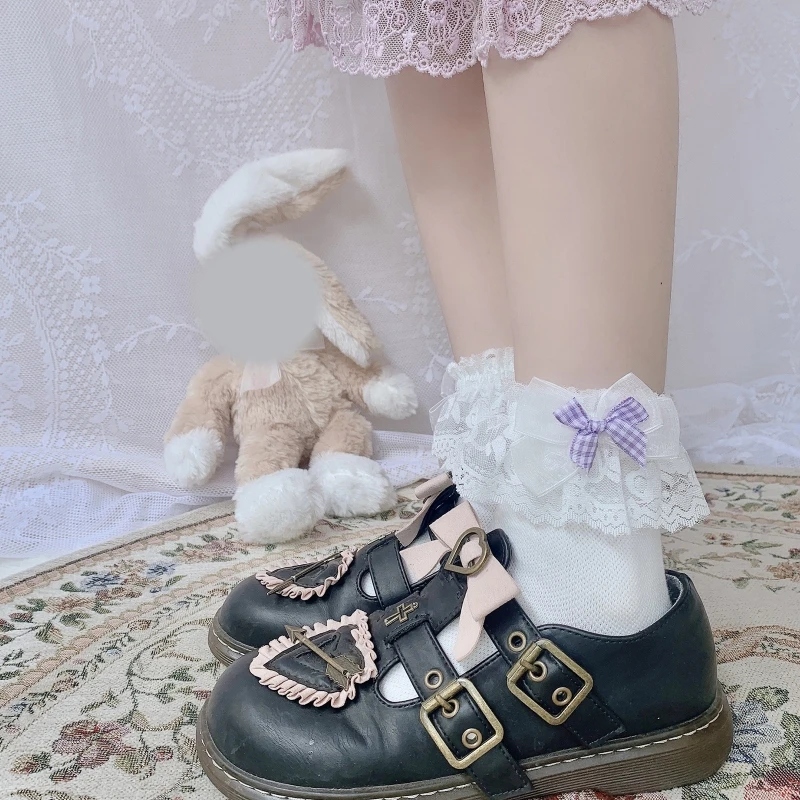 

Лолита Kawaii хлопковые короткие носки плюшевые ушки кролика бант кружевные аниме Чулочные изделия DXAA