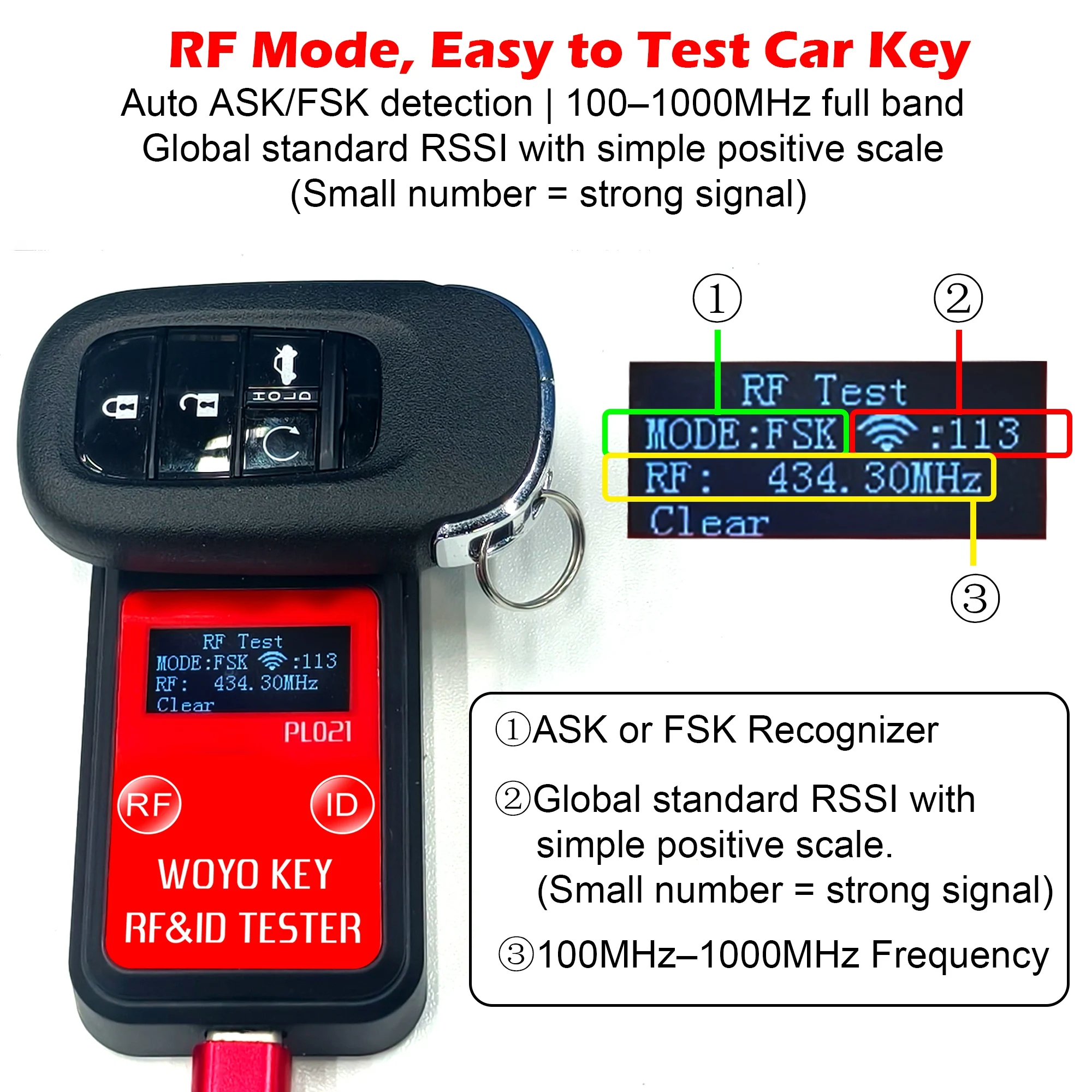 Фото WOYO PL021 Тестер RF и ID для всех автомобильных ключей, детектор пультов 100–1000 МГц, проверка RSSI, ASK/FSK, считывание ID и типа чипа автоключа №3