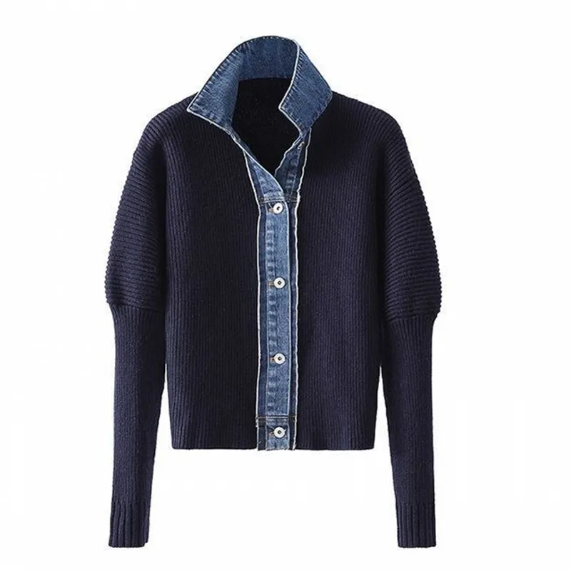 

Корейский модный свитер, куртка на весну и осень, джинсовый вязаный кардиган в стиле пэчворк, однобортный вязаный жакет с отложным воротником