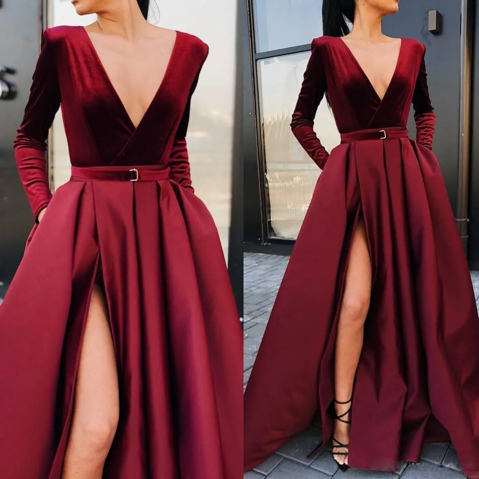 

European And American New Women'S Dresses Deep V Long-Sleeved Dresses With Slits And Big Swings Temperament Long Skirts