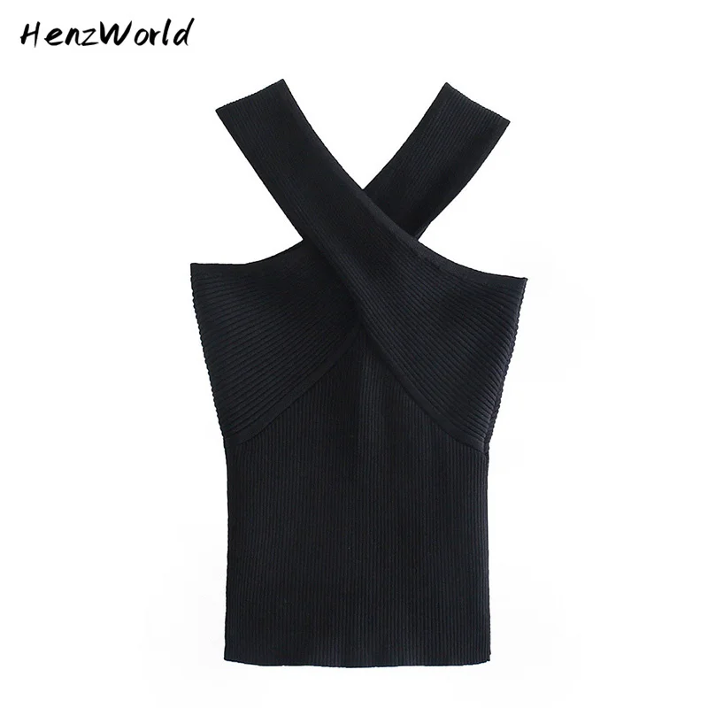 

HenzWorld Женская одежда, новинка, женские шикарные сексуальные черные вязаные майки с перекрестными лямками, уличные женские летние облегающи...