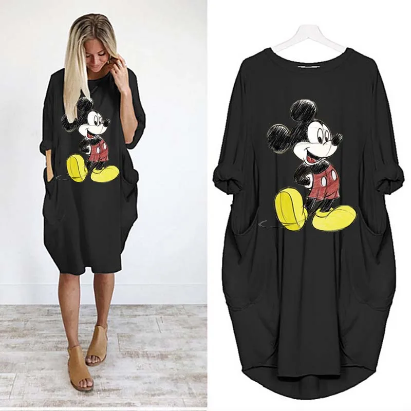 

Disney Mickey Mouse Midi Dresses Women Cartoon Print Long Sleeve Kawaii Loose Ladies Beach Dress Robe Female Clothing Sunmmer