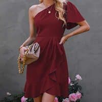 womens solid color design sense one shoulder party dress casual slim ladies mini dress 2022 spring and summer new ruffle dress